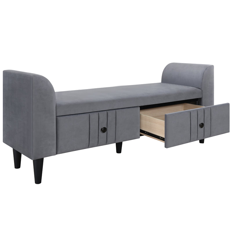 Upholstered Wooden Storage Ottoman Bench with 2 Drawers For Bedroom,Fully Assembled Except Legs and Handles,Gray