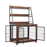 Furniture style dog crate side table with shelves, equipped with double doors and a raised roof. Rustic Brown, 38.58 ''w x 25.5 ''d x 57 ''h