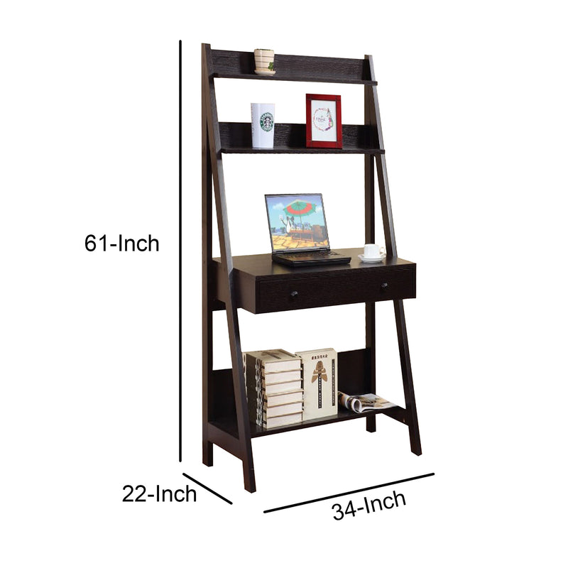 Contemporary Style Ladder Home Office Desk With 3 Open Shelves and 1 Drawer, Brown