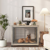 Furniture Style Dog Crate Side Table on Wheels with Double Doors and Lift Top. Grey, 43.7'' W x 30'' D x 31.1'' H.