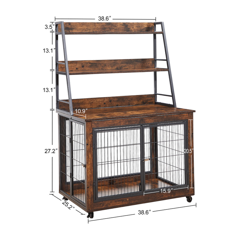 Furniture style dog crate side table with shelves, equipped with double doors and a raised roof. Rustic Brown, 38.58 ''w x 25.5 ''d x 57 ''h
