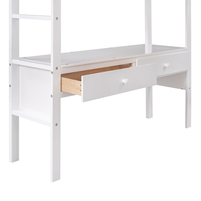 Full Size Loft Bed with Built-in Desk with Two Drawers;  and Storage Shelves and Drawers