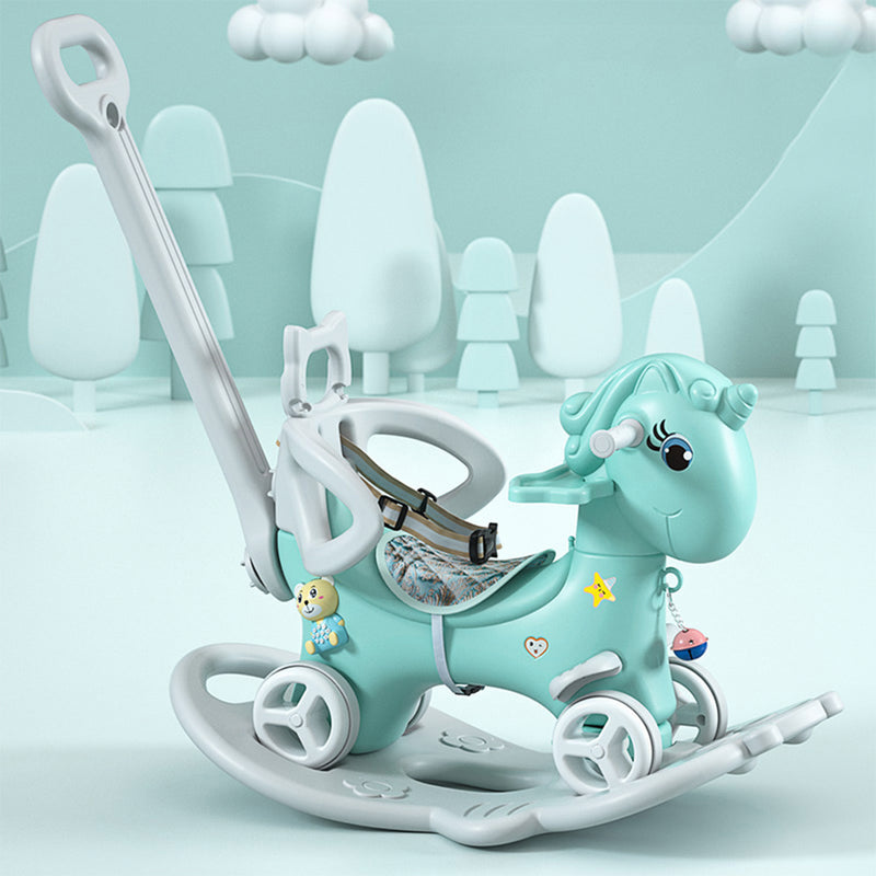 Rocking Horse for Toddlers, Balance Bike Ride On Toys with Push Handle, Backrest and Balance Board for Baby Girl and Boy, Unicorn Kids Blue color