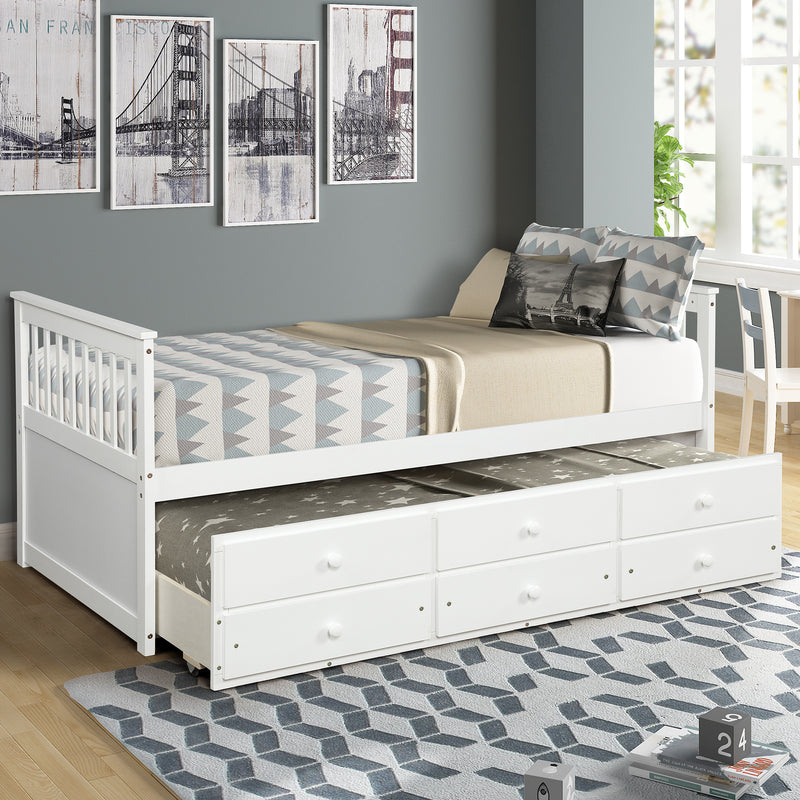 Captain's Bed Twin Daybed with Trundle Bed and Storage Drawers, White