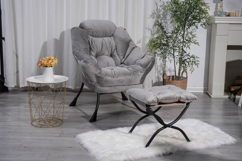 Living Room Chairs Modern Cotton Fabric Lazy Chair, Accent Contemporary Lounge Chair, Single Steel Frame Leisure Sofa Chair with Armrests and A Side Pocket (Light Gray)