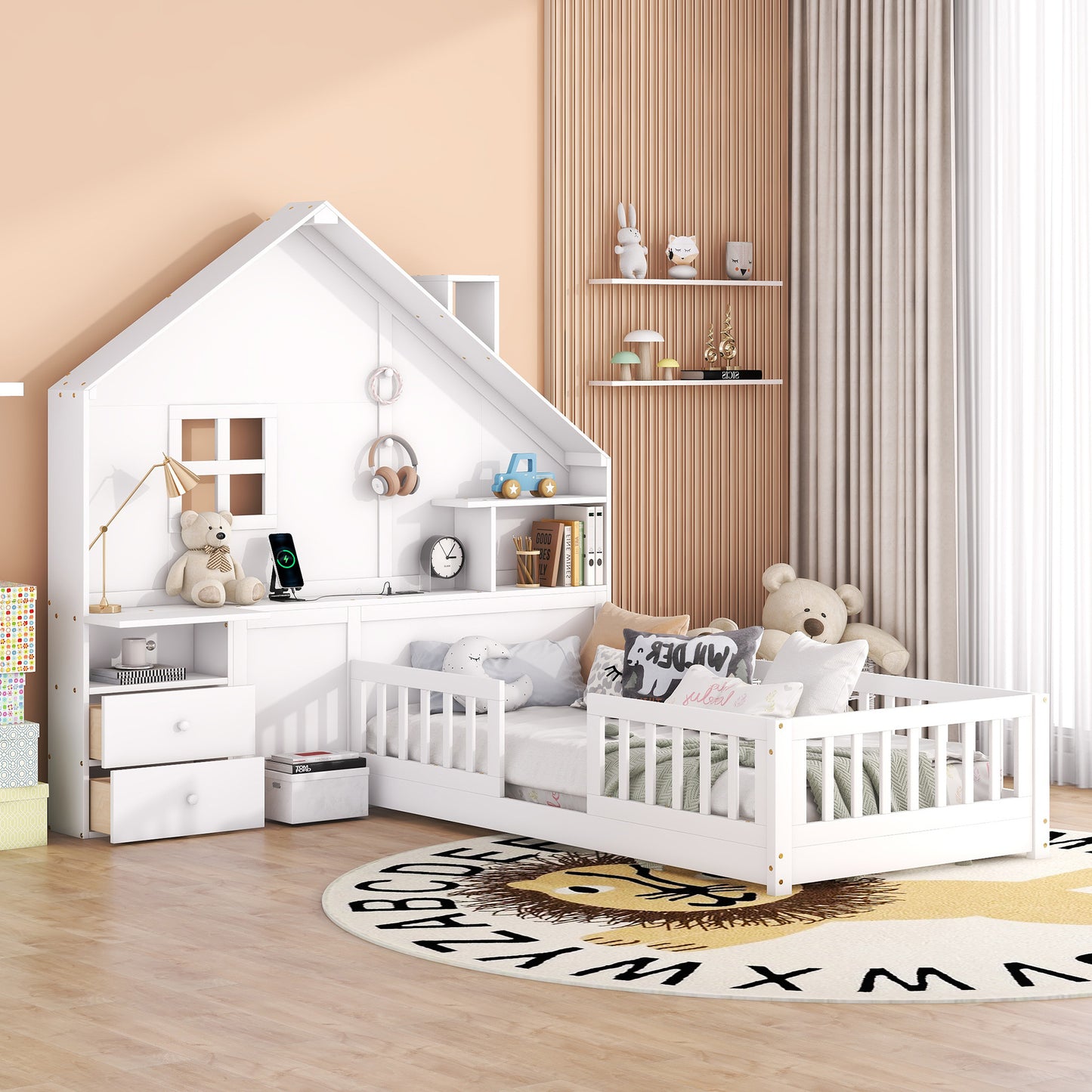 Twin Size House Bed with Window and Bedside Drawers, Platform Bed with Shelves and a set of Sockets and USB Port