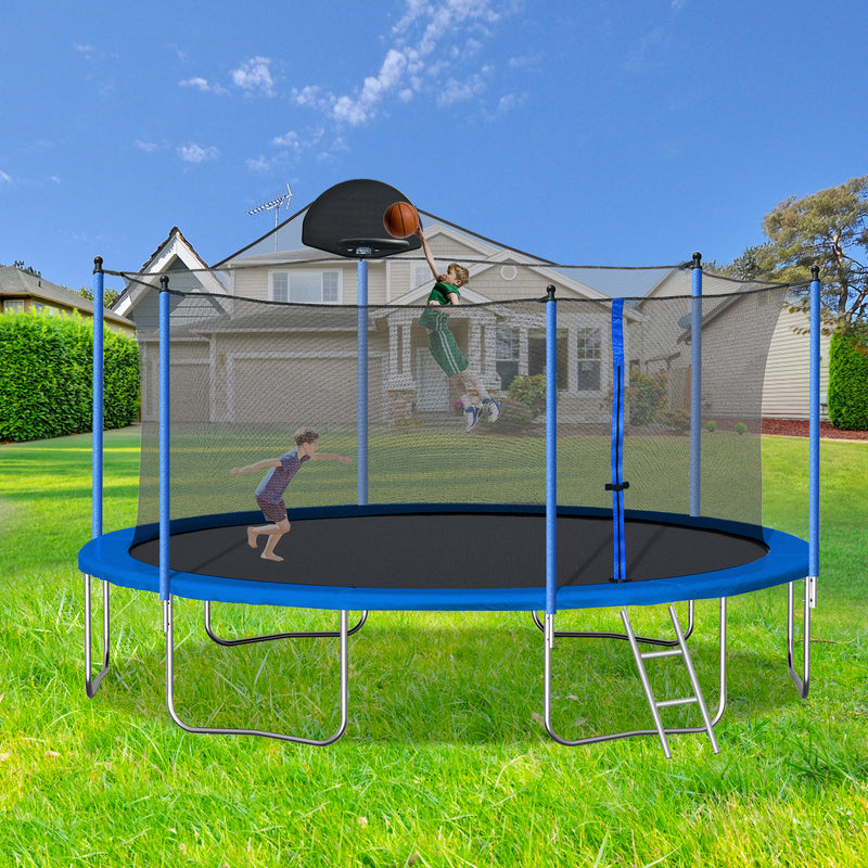 14FT Trampoline for Adults & Kids with Basketball Hoop, Outdoor Trampolines w/Ladder and Safety Enclosure Net for Kids and Adults