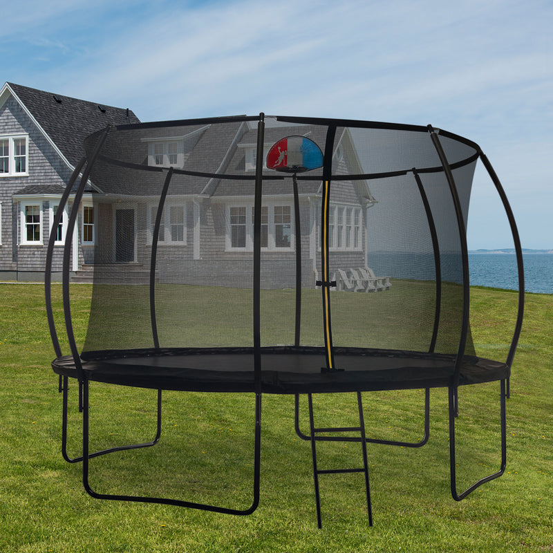 12FT Trampoline with backboard, Outdoor Pumpkin Trampoline for Kids and Adults with Enclosure Net and Ladder