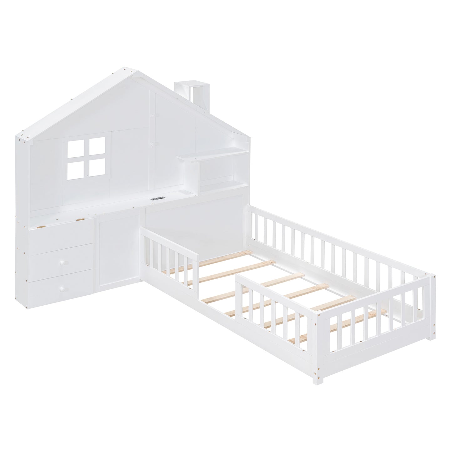 Twin Size House Bed with Window and Bedside Drawers, Platform Bed with Shelves and a set of Sockets and USB Port