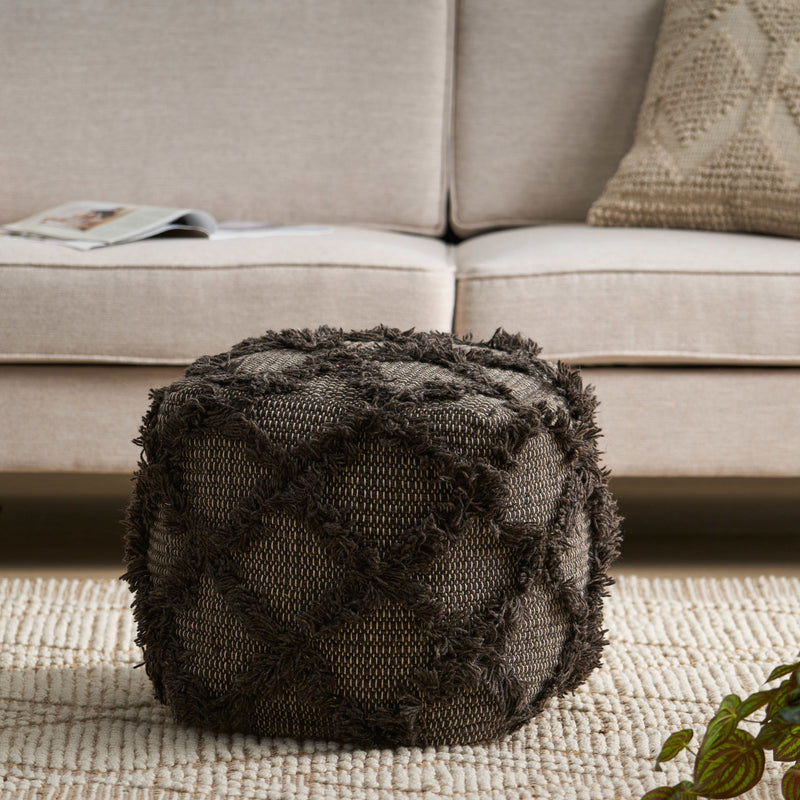 Jucar Handcrafted Boho Fabric Cube Pouf, Brown