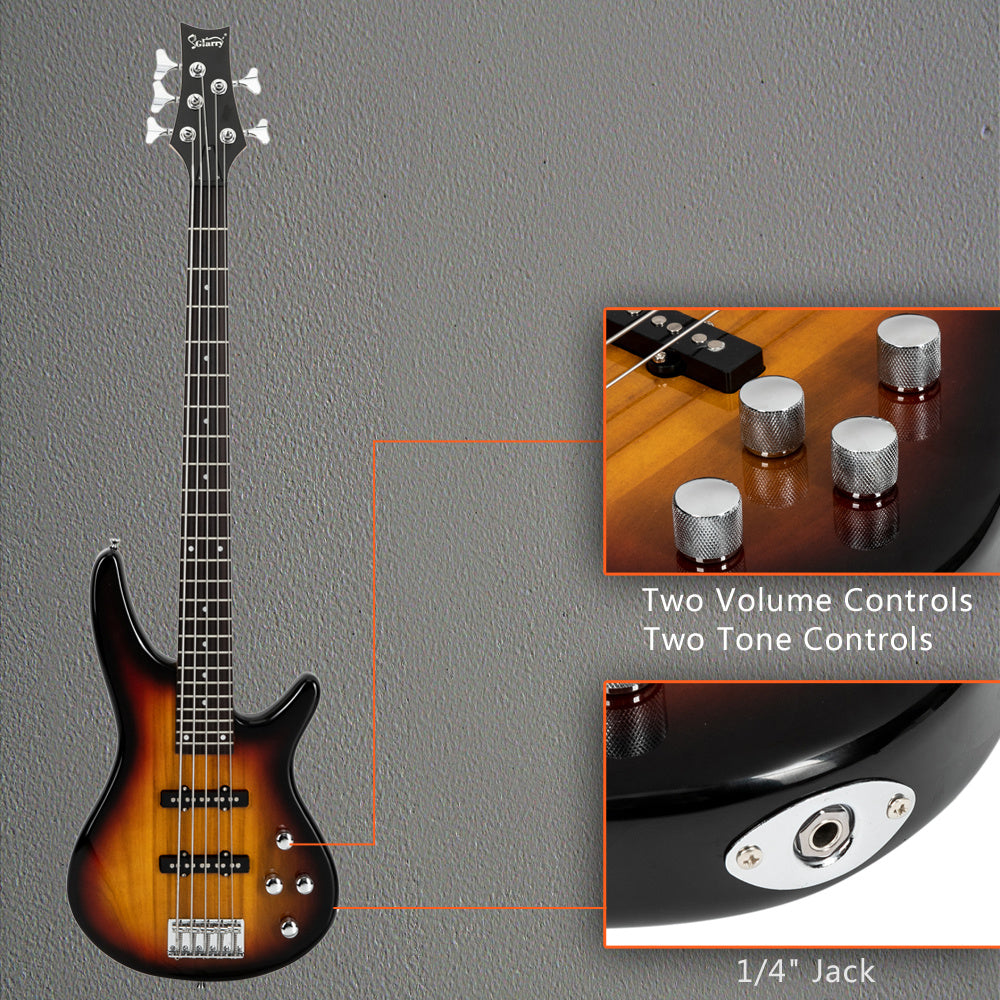 Glarry GIB Electric 5 String Bass Guitar Full Size Bag Strap Pick Connector Wrench Tool Sunset Color