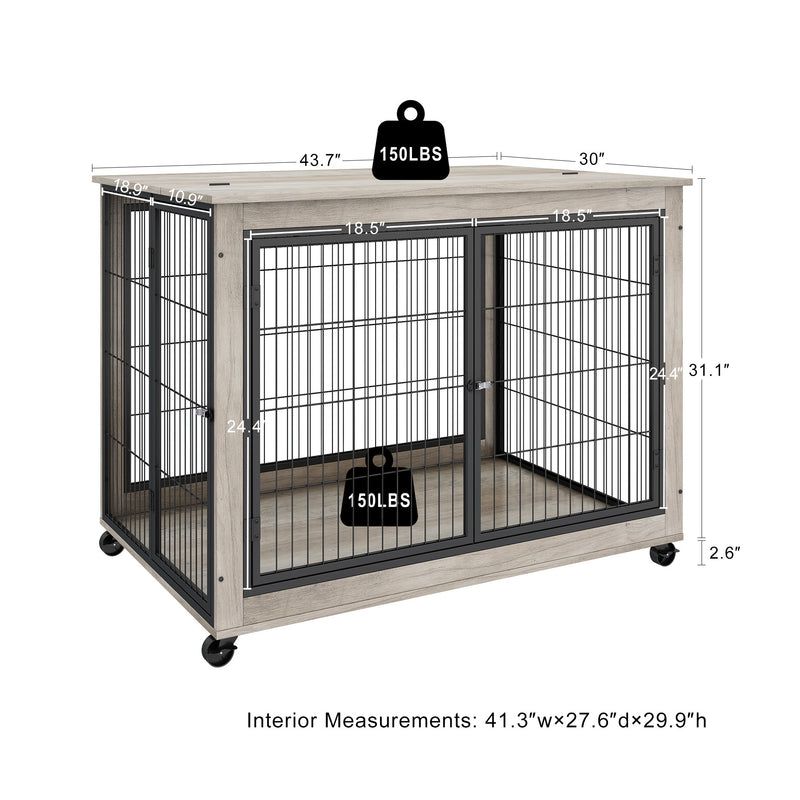 Furniture Style Dog Crate Side Table on Wheels with Double Doors and Lift Top. Grey, 43.7'' W x 30'' D x 31.1'' H.