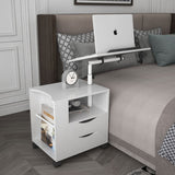 Height Adjustable Overbed End Table Wooden Nightstand with Swivel Top; Storage Drawers; Wheels and Open Shelf; (White)