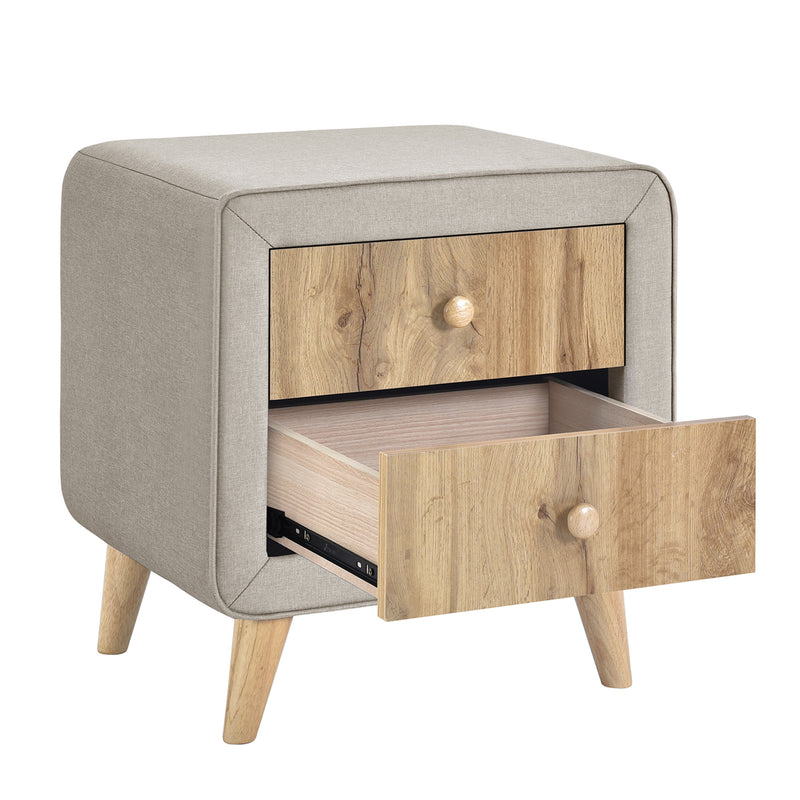 Upholstered Wooden Nightstand with 2 Drawers,Fully Assembled Except Legs and Handles,Bedside Table with Rubber Wood Leg-Beige