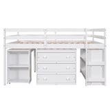 Low Study Full Loft Bed with Cabinet ; Shelves and Rolling Portable Desk ; Multiple Functions Bed