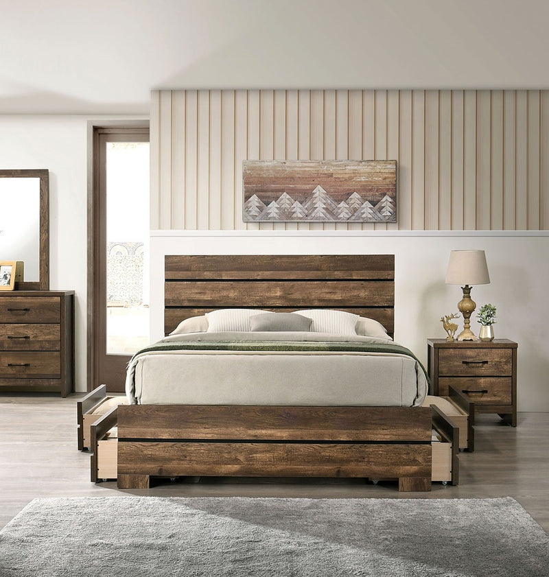 Contemporary 1pc Nightstand Light Walnut Color Solid Wood Veneer Black Bar Pulls Bedroom Furniture