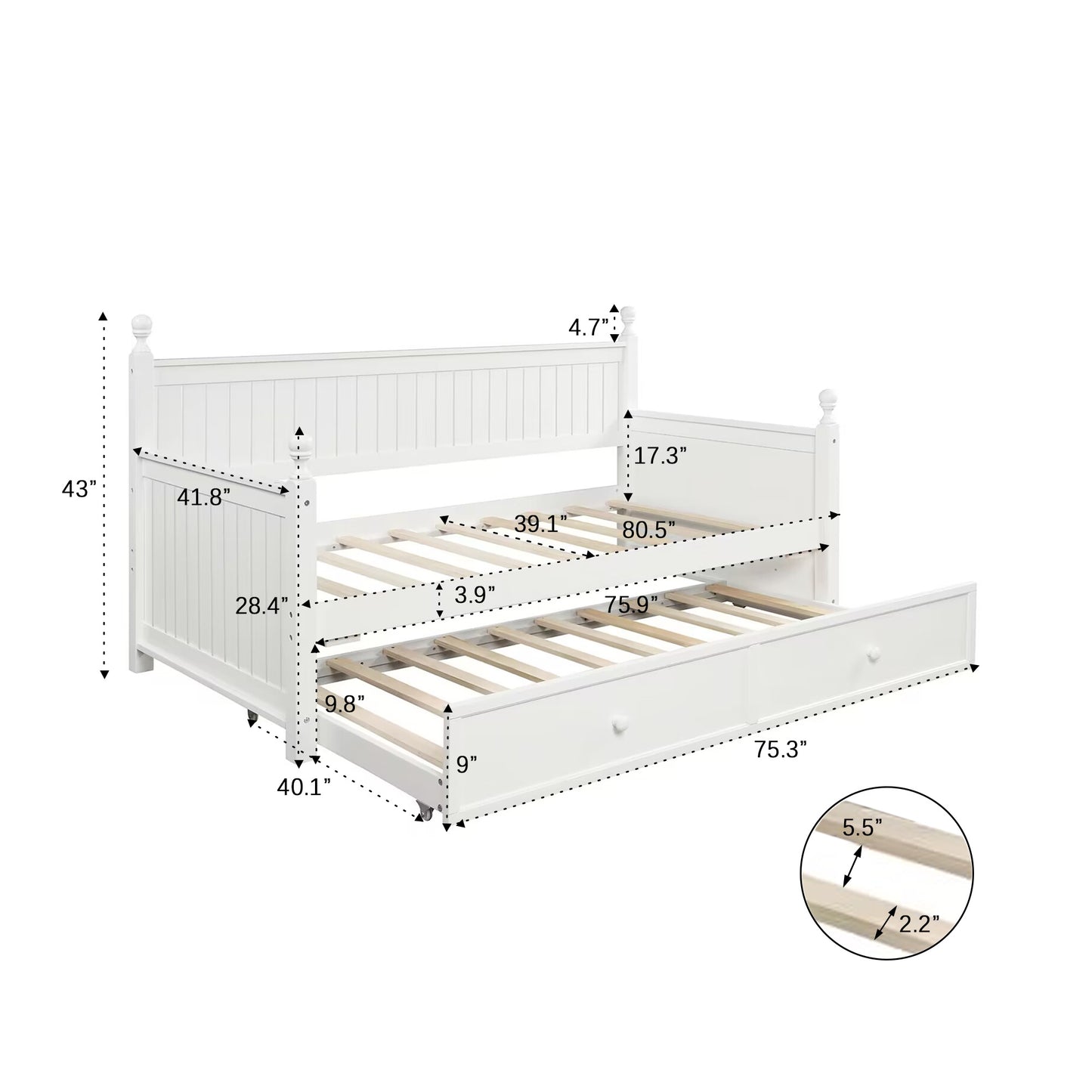 Twin Size Wood Daybed with Twin Size Trundle