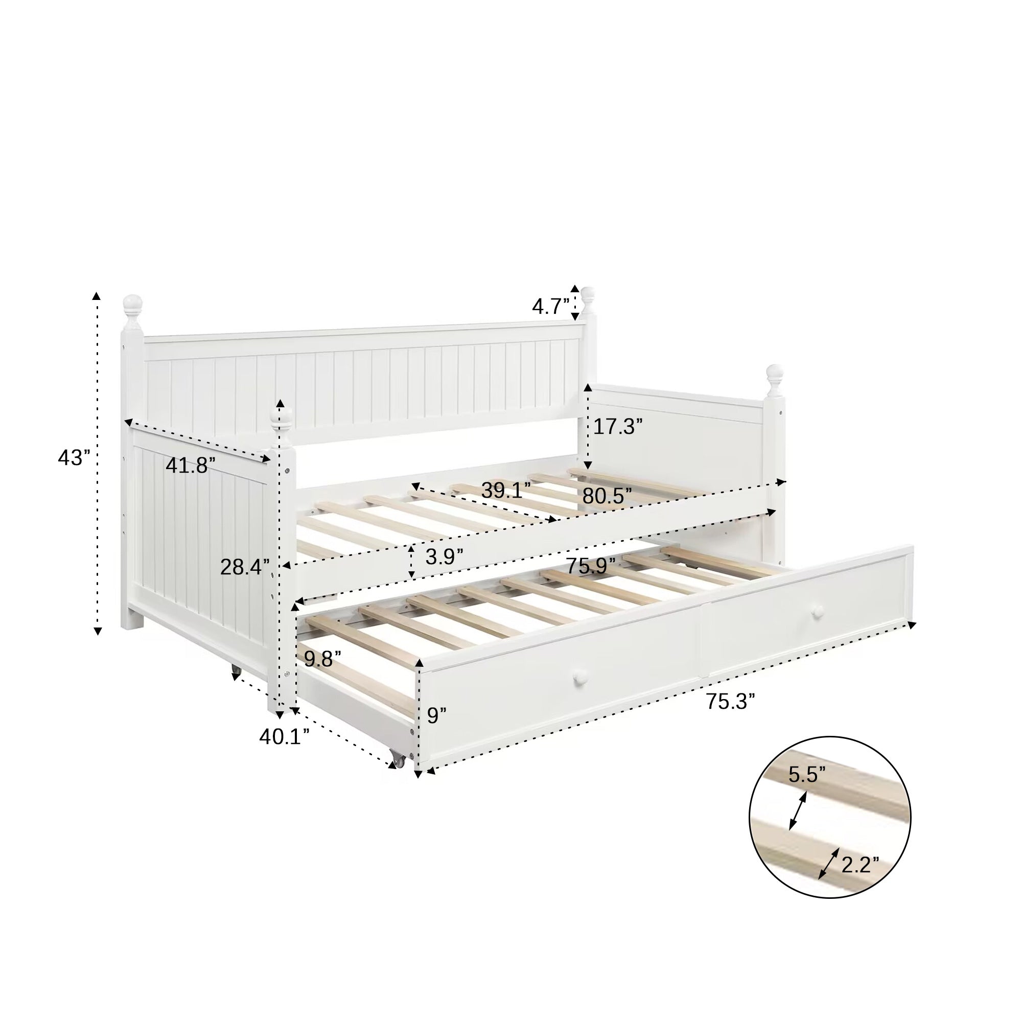Twin Size Wood Daybed with Twin Size Trundle
