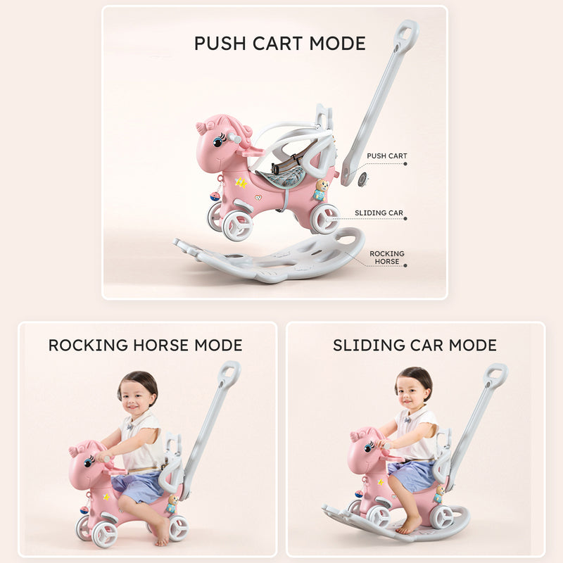 Rocking Horse for Toddlers, Balance Bike Ride On Toys with Push Handle, Backrest and Balance Board for Baby Girl and Boy, Unicorn Kids Pink Color