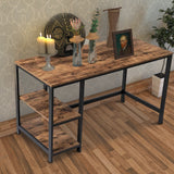 Industrial 55 Inch Wood and Metal Desk with 2 Shelves, Black and Brown