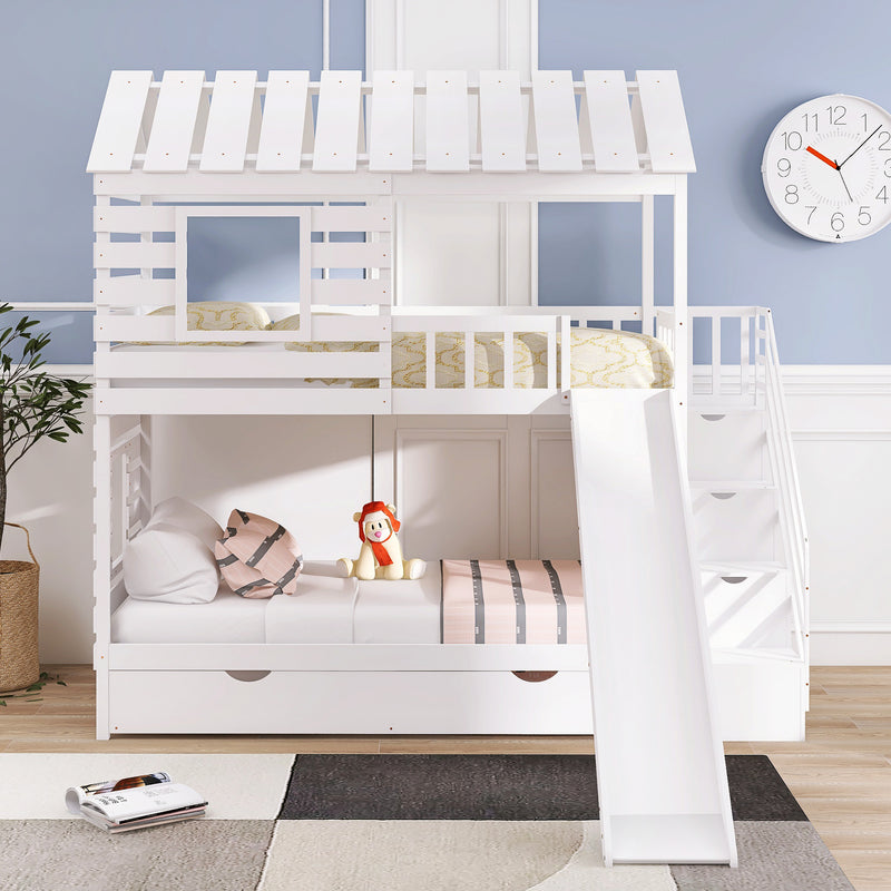 Twin over Twin House Bunk Bed with Trundle and Slide ; Storage Staircase; Roof and Window Design
