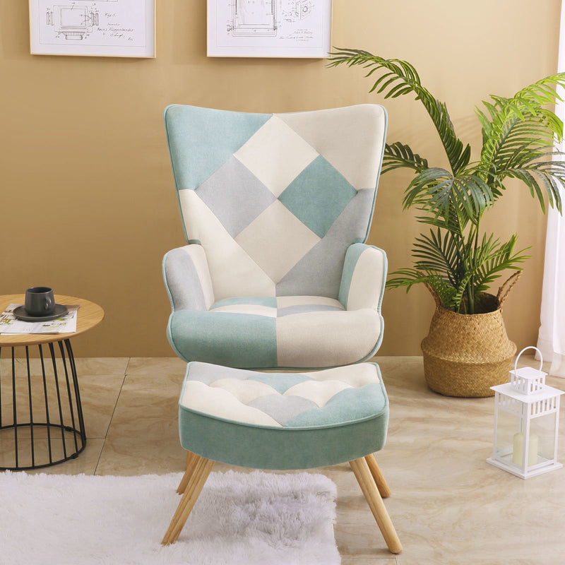 Accent Chair with Ottoman, Living Room Chair and Ottoman Set, Comfy Side Armchair for Bedroom, Creative Splicing Cloth Surface, Blue