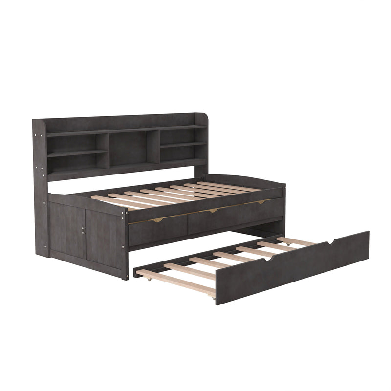 Twin Size Wooden Captain Bed with Built-in Bookshelves; Three Storage Drawers and Trundle