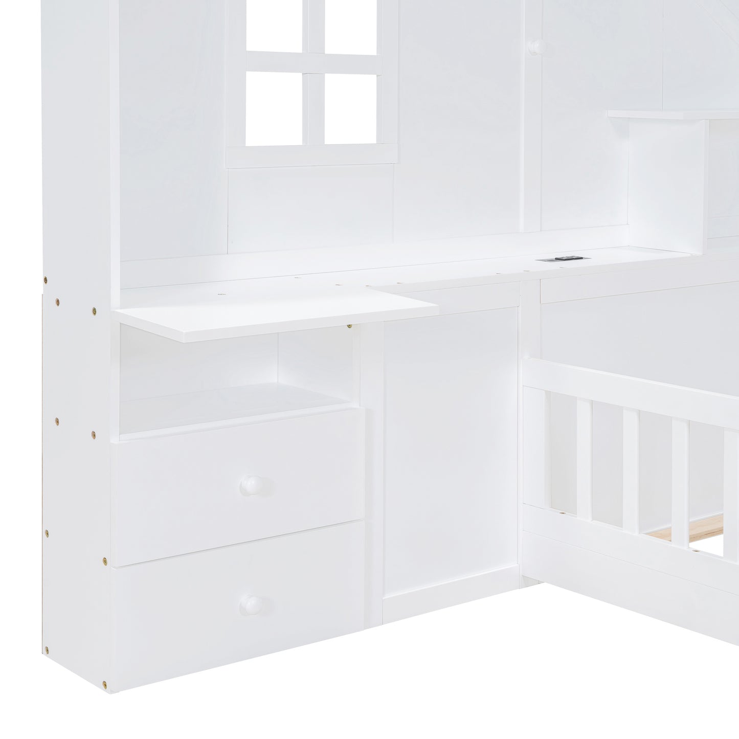 Twin Size House Bed with Window and Bedside Drawers, Platform Bed with Shelves and a set of Sockets and USB Port