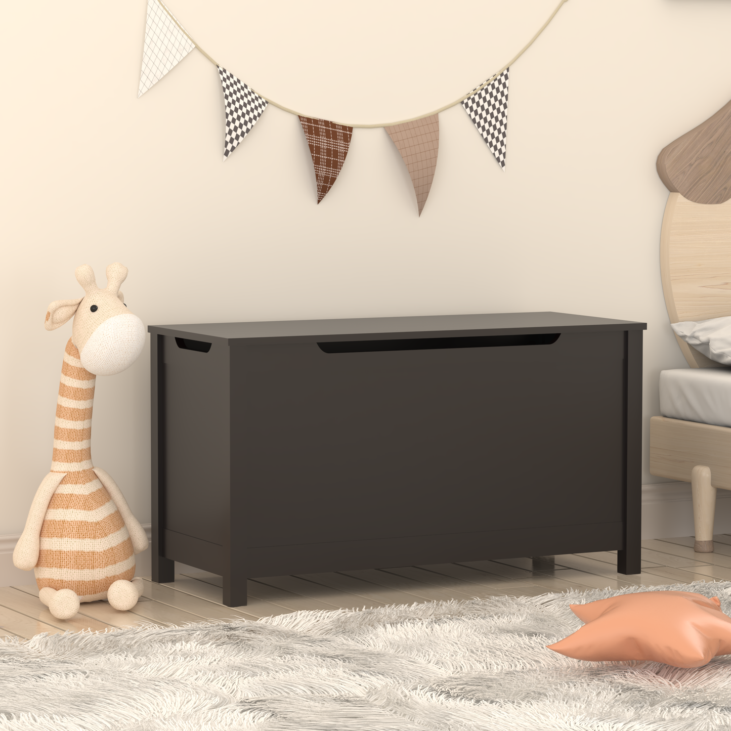 Kids Wooden Toy Box Storage with Safety Hinged Lid for Ages 3+ (Dark Brown)