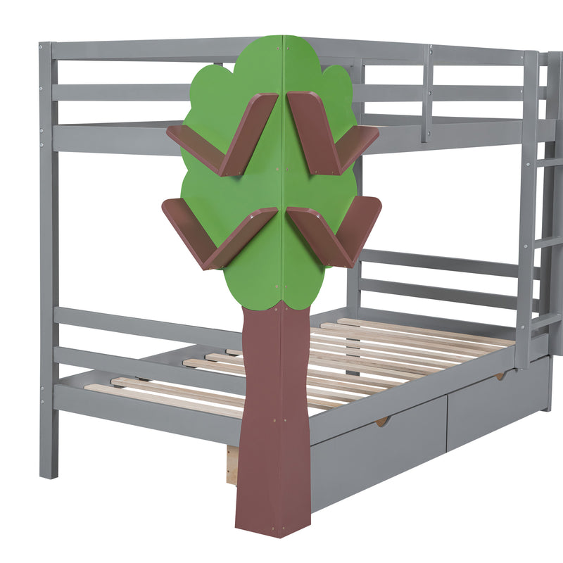 Twin-Over-Twin Bunk Bed with a Tree Decor and Two Storage Drawers