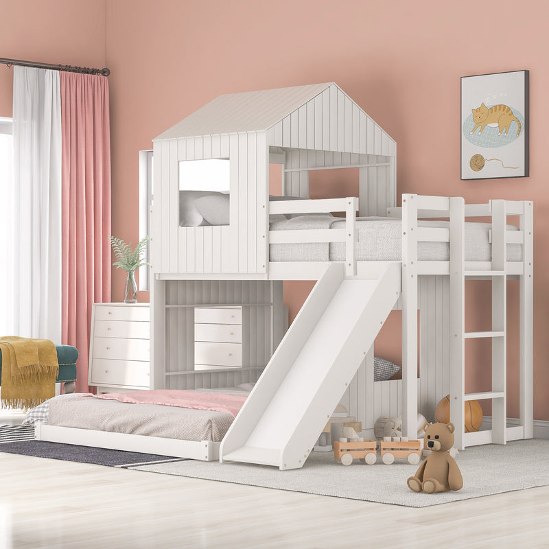 Wooden Twin Over Full Bunk Bed, Loft Bed with Playhouse, Farmhouse, Ladder, Slide and Guardrails