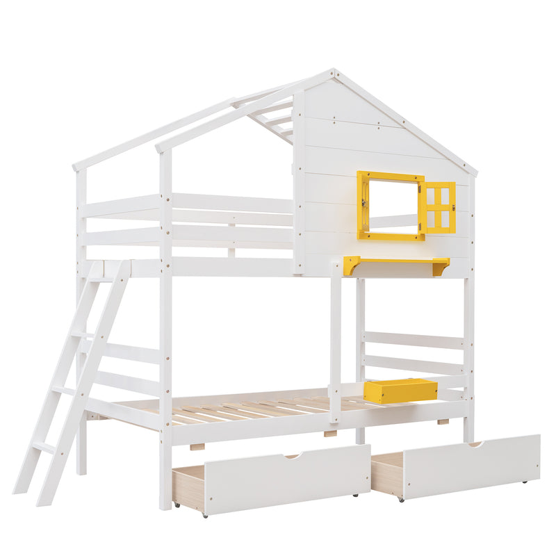Twin over Twin Bunk Bed with 2 Drawers;  1 Storage Box;  1 Shelf;  Window and Roof