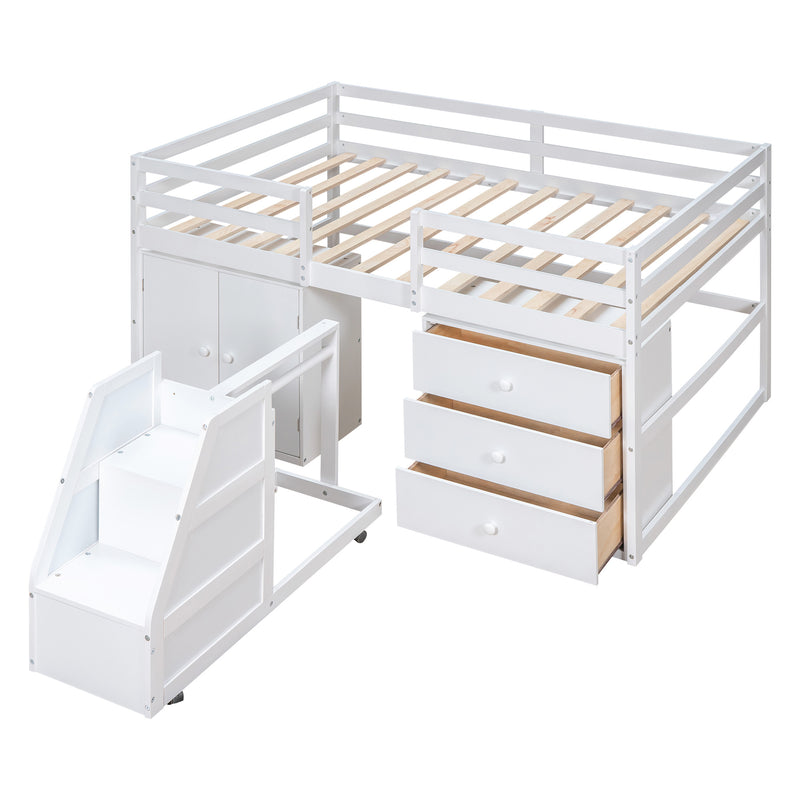 Full Size Functional Loft Bed with Cabinets and Drawers;  Hanging Clothes at the back of the Staircase
