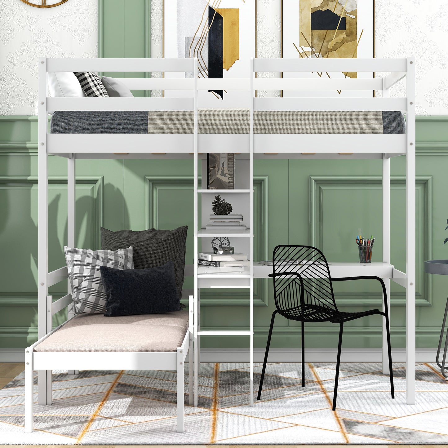 Convertible Loft Bed with L-Shape Desk, Twin Bunk Bed with Shelves and Ladder