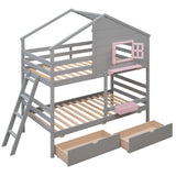 Twin over Twin Bunk Bed with 2 Drawers;  1 Storage Box;  1 Shelf;  Window and Roof