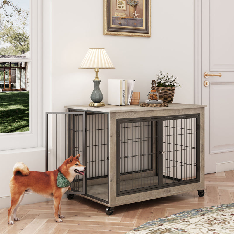 Furniture Style Dog Crate Side Table on Wheels with Double Doors and Lift Top.(Grey,38.58''w x 25.5''d x 27.36''h)