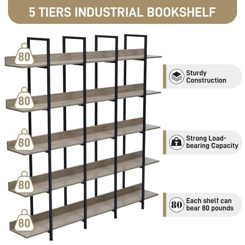 5 Tier Bookcase Home Office Open Bookshelf, Vintage Industrial Style Shelf with Metal Frame, MDF Board, Grey