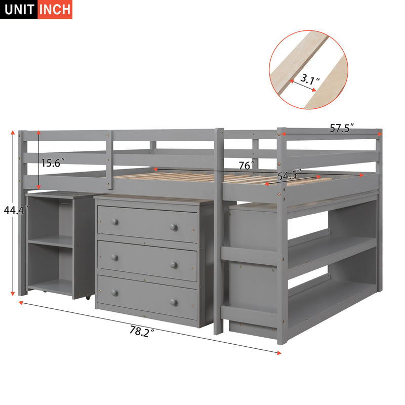 Low Study Full Loft Bed with Cabinet ; Shelves and Rolling Portable Desk ; Multiple Functions Bed