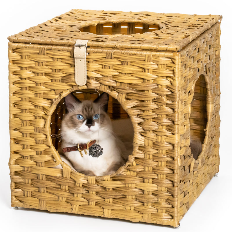 Rattan Cat Litter,Cat Bed with Rattan Ball and Cushion,yellowish brown