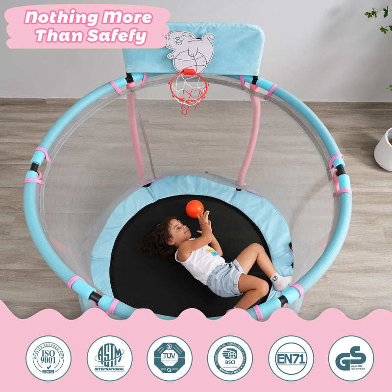 4FT Trampoline for Kids - 48" Indoor Mini Toddler Trampoline with Enclosure, Basketball Hoop and Ball Included, Arc Designed and Full Surrounded for Extra Protection