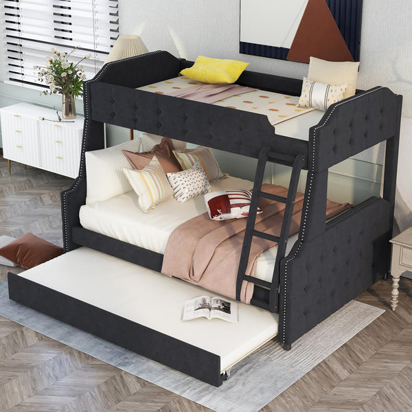 Twin over Full Upholstered Bunk Bed with Trundle and Ladder,Tufted Button Design