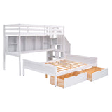 Twin XL over Full Bunk Bed with Built-in Storage Shelves;  Drawers and Staircase