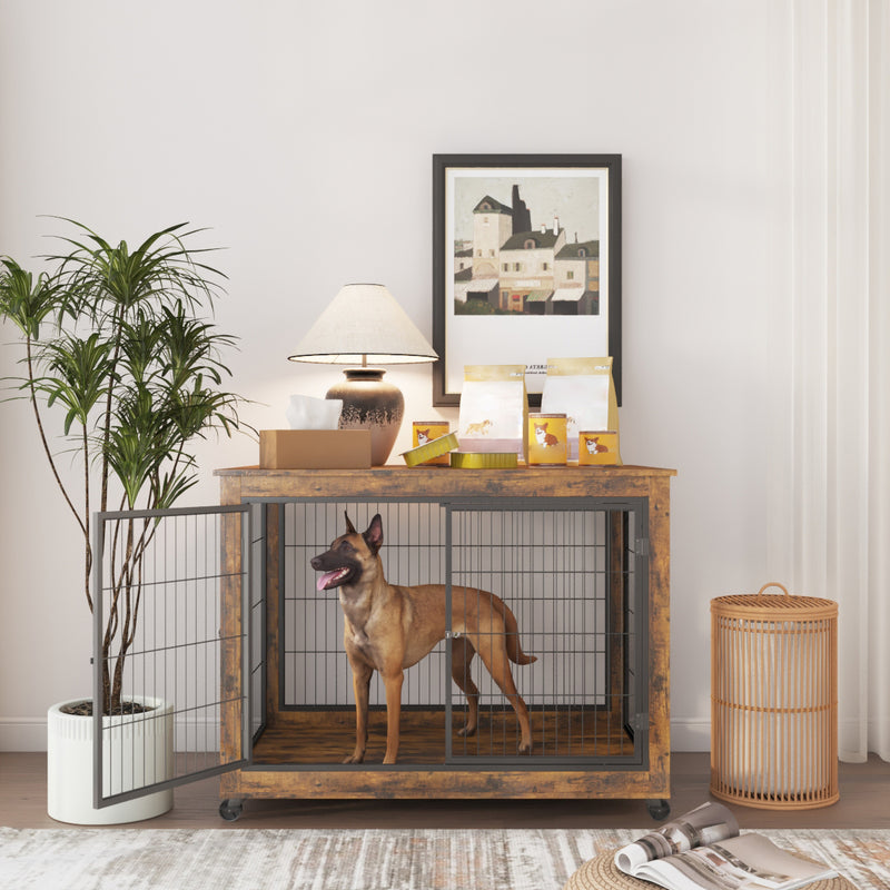 Furniture Style Dog Crate Side Table on Wheels with Double Doors and Lift Top. Rustic Brown, 43.7'' W x 30'' D x 31.1'' H.