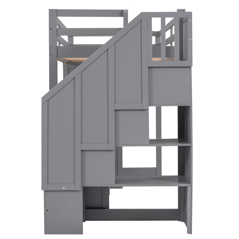 Twin Size Loft Bed with Wardrobe and Staircase;  Desk and Storage Drawers and Cabinet in 1