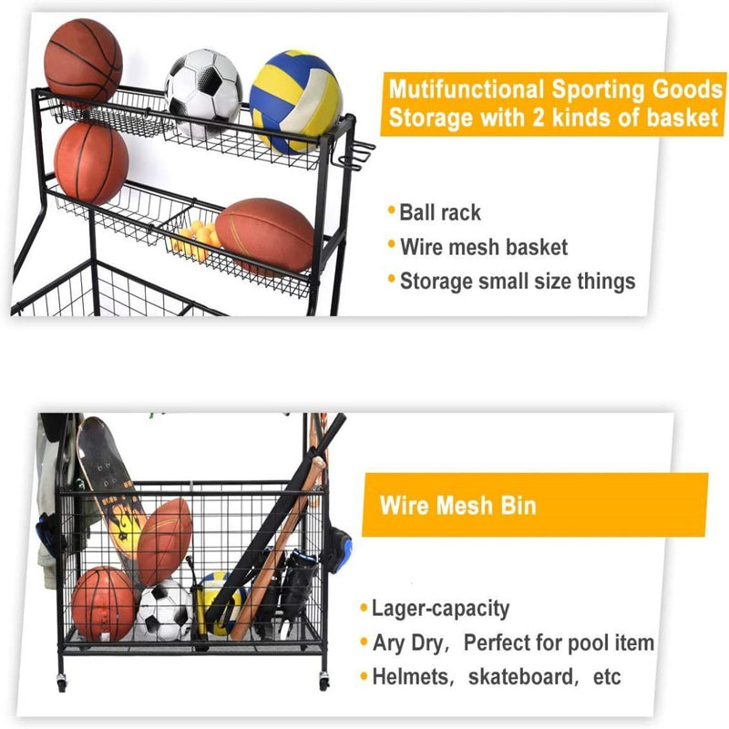 Sports Equipment Organizer, Sports Gear Basketball Storage with Baskets and Hooks,Ball Storage Rack, Garage Ball Storage, Sports Gear Storage,Rolling Sports Ball Storage Cart, Black