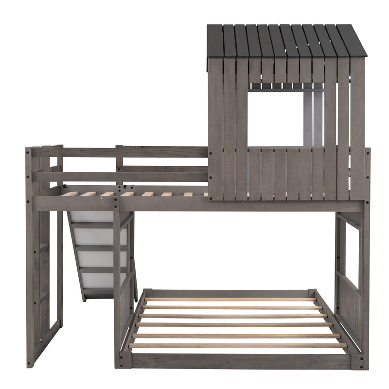Wooden Twin Over Full Bunk Bed, Loft Bed with Playhouse, Farmhouse, Ladder, Slide and Guardrails