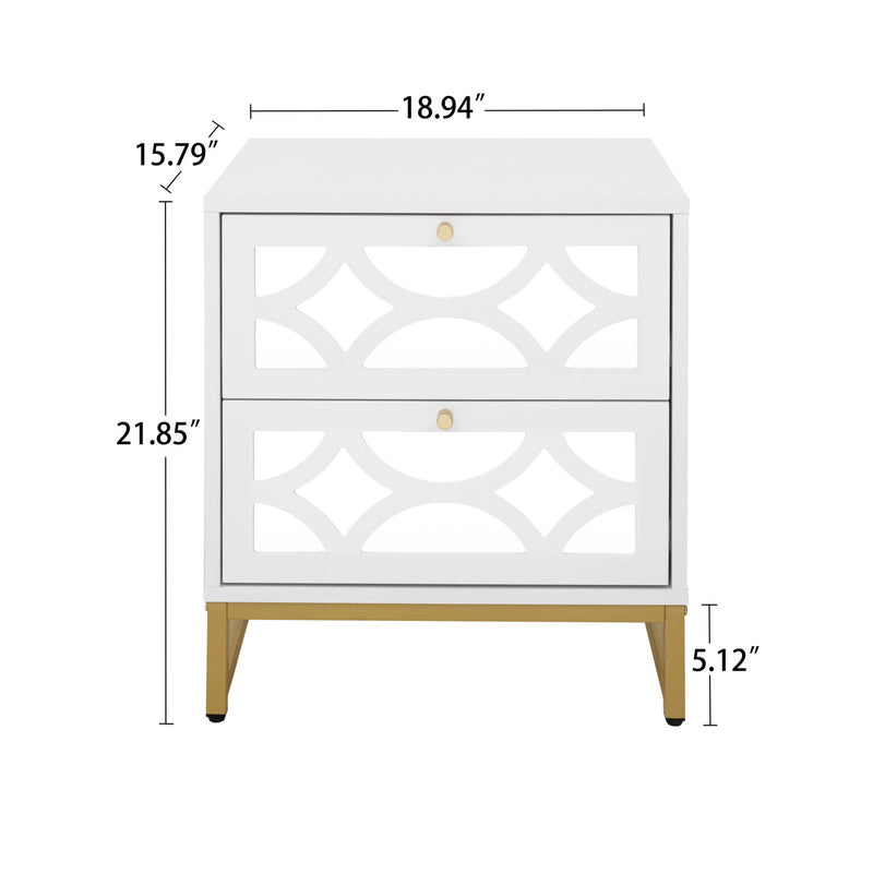 2 drawer nightstand,Small Bedside Table with 2 Drawers,White Mirrored Nightstand,with Gold Legs, Side Table with Storage for Bedroom, Living Room