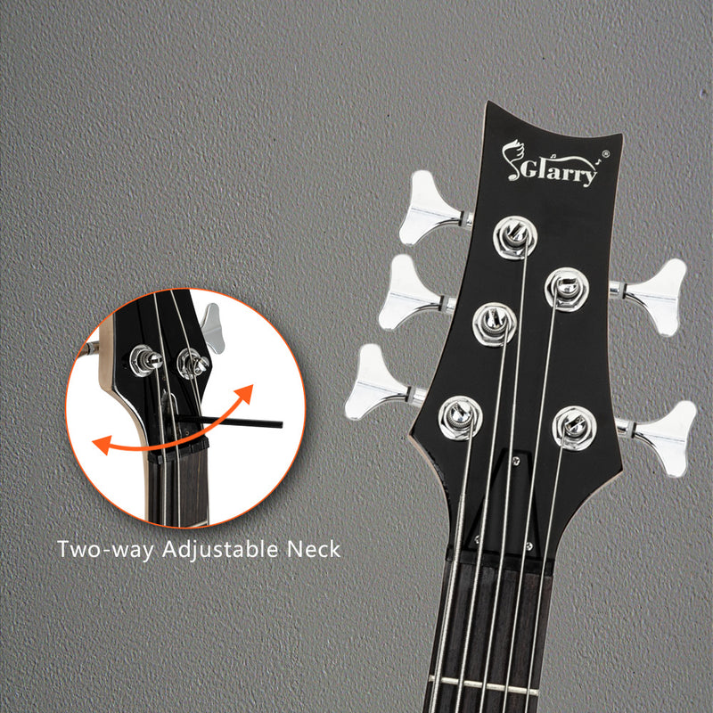 Glarry GIB Electric 5 String Bass Guitar Full Size Bag Strap Pick Connector Wrench Tool Sunset Color
