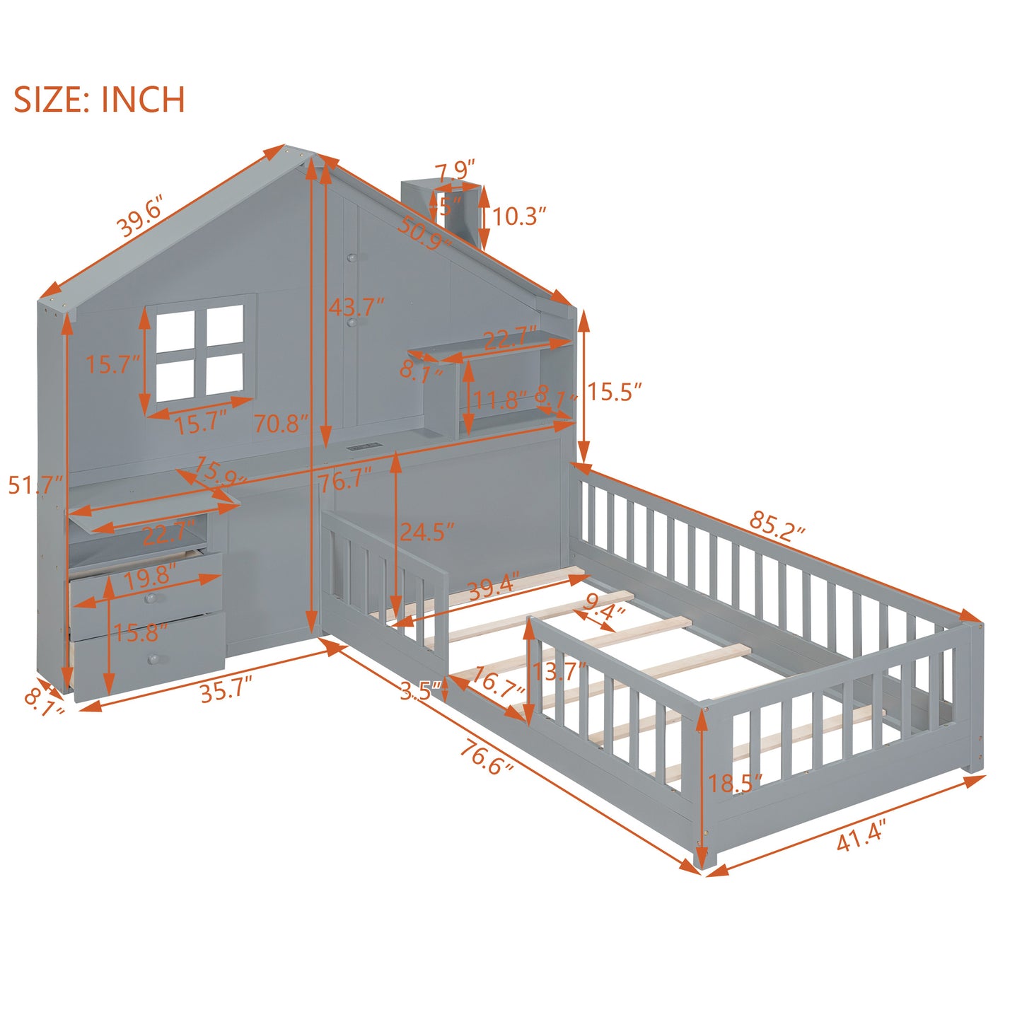 Twin Size House Bed with Window and Bedside Drawers, Platform Bed with Shelves and a set of Sockets and USB Port