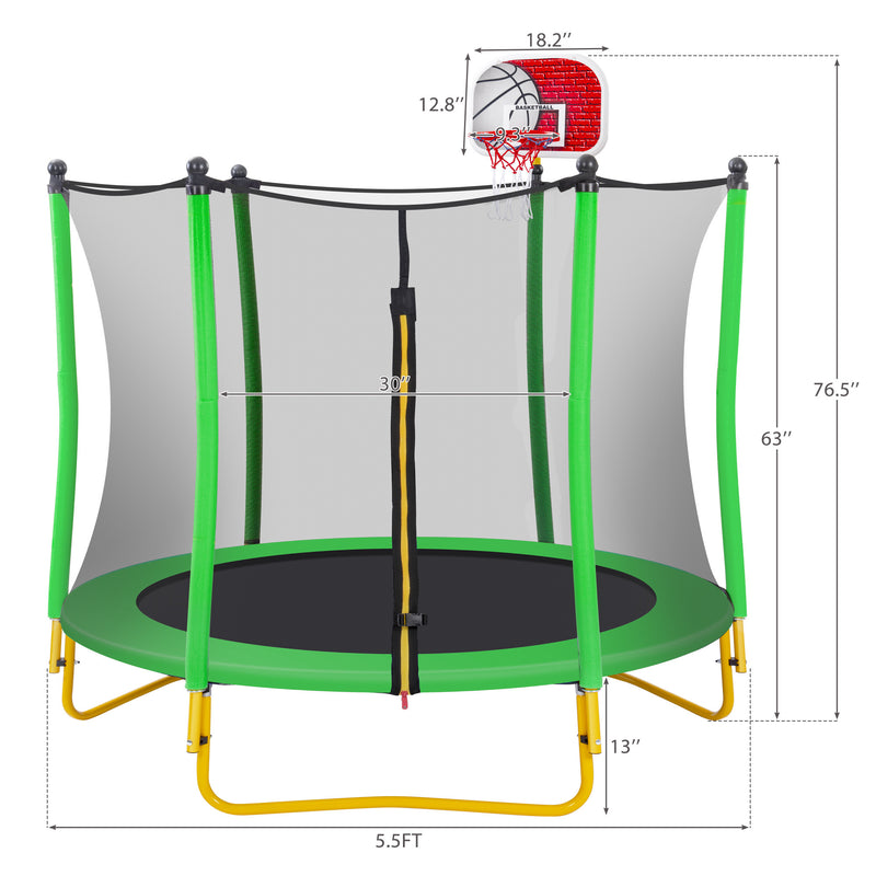 5.5FT Trampoline for Kids - 65" Outdoor & Indoor Mini Toddler Trampoline with Enclosure, Basketball Hoop and Ball Included
